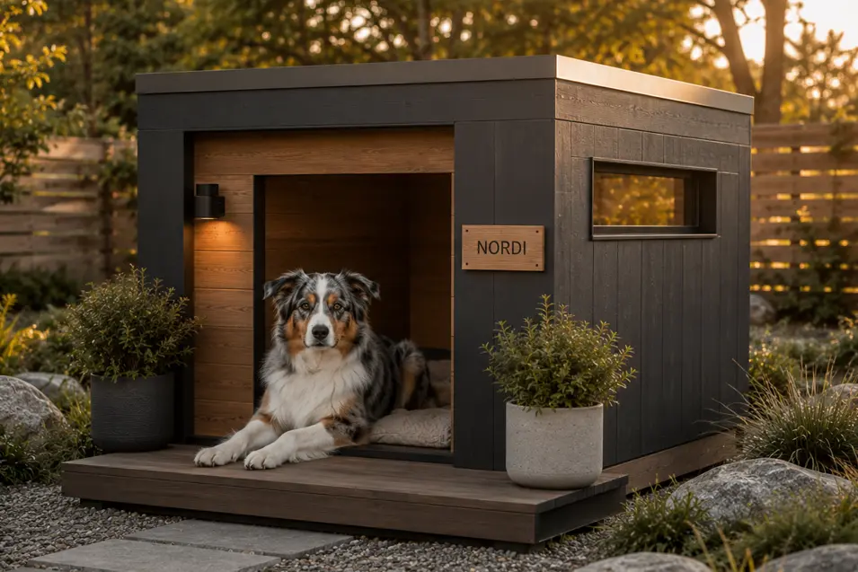 Luxury Modern Nordic Cube dog house with sleek charcoal siding, warm cedar accents, clean geometric lines, and minimalist Scandinavian landscaping.