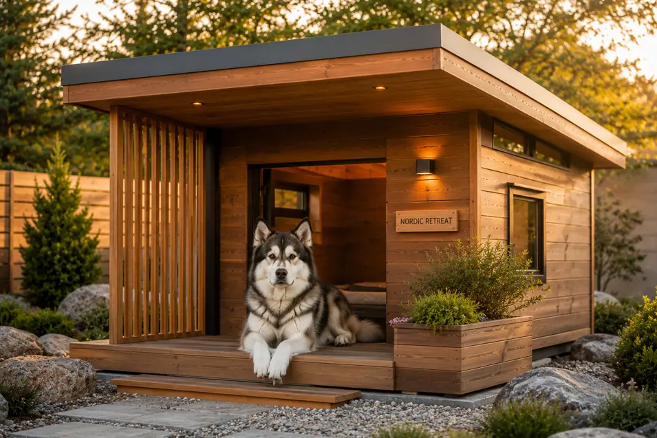 Luxury Nordic Cedar Retreat dog house with warm cedar cladding, modern flat roof, covered porch, and serene landscaping for an Alaskan Malamute.