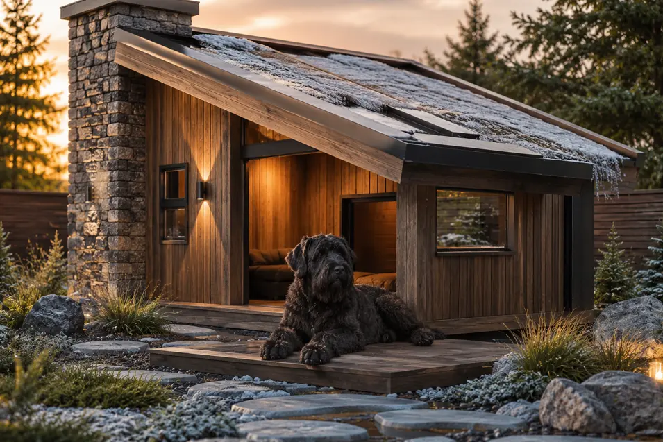 Luxury Scandinavian dog house with cedar, stone, and a dramatic roofline, surrounded by frosted gardens, warm lighting, and a cozy winter retreat.