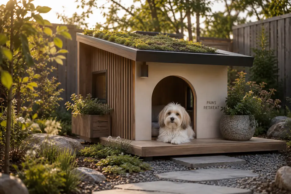 Eco-friendly Nordic dog house with a living green roof, natural wood, clean lines, and a cozy retreat surrounded by lush sustainable landscaping.