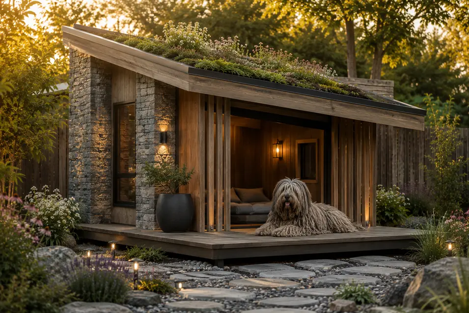 Ultimate Scandinavian dog house with cedar, stone, a living roof, lush gardens, and a majestic Bergamasco Sheepdog relaxing on the covered porch.