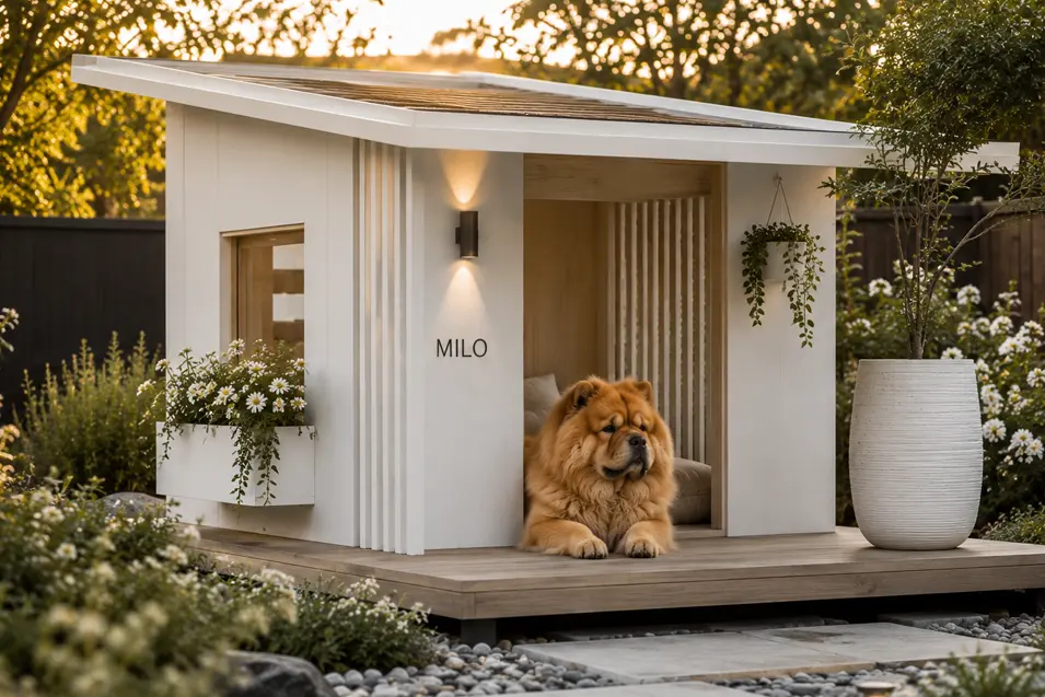 Luxury Scandinavian-inspired White Nordic Cottage dog house with crisp white siding, natural cedar roof, cozy porch, and landscaped garden for an Chow Chow.