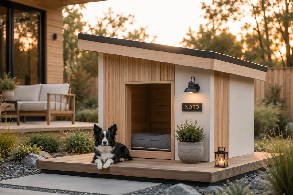 Luxury Scandinavian dog house with clean lines, natural cedar, minimalist design, and a Border Collie in a serene landscaped backyard.