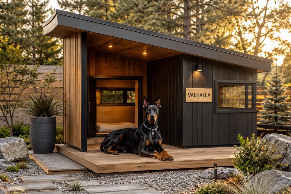 Luxury Black & Timber Nordic Cabin dog house with dark wood siding, warm cedar accents, sleek modern lines, and landscaped surroundings for a Doberman.
