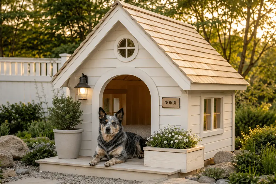 Luxury Scandinavian-inspired White Nordic Cottage dog house with crisp white siding, natural cedar roof, cozy porch, and landscaped garden for an Australian Cattle Dog.