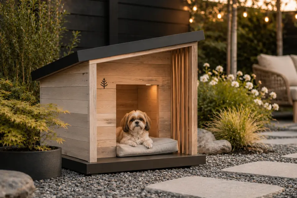 Scandinavian-inspired small dog house with light cedar, clean lines, a sloped roof, and cozy interior, set in a beautifully landscaped backyard.