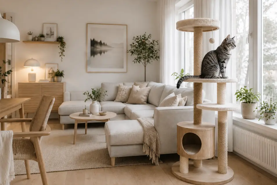 Scandinavian-inspired living room with a modern wood cat tree by a large window, where a grey tabby cat overlooks the outdoors in soft natural light.