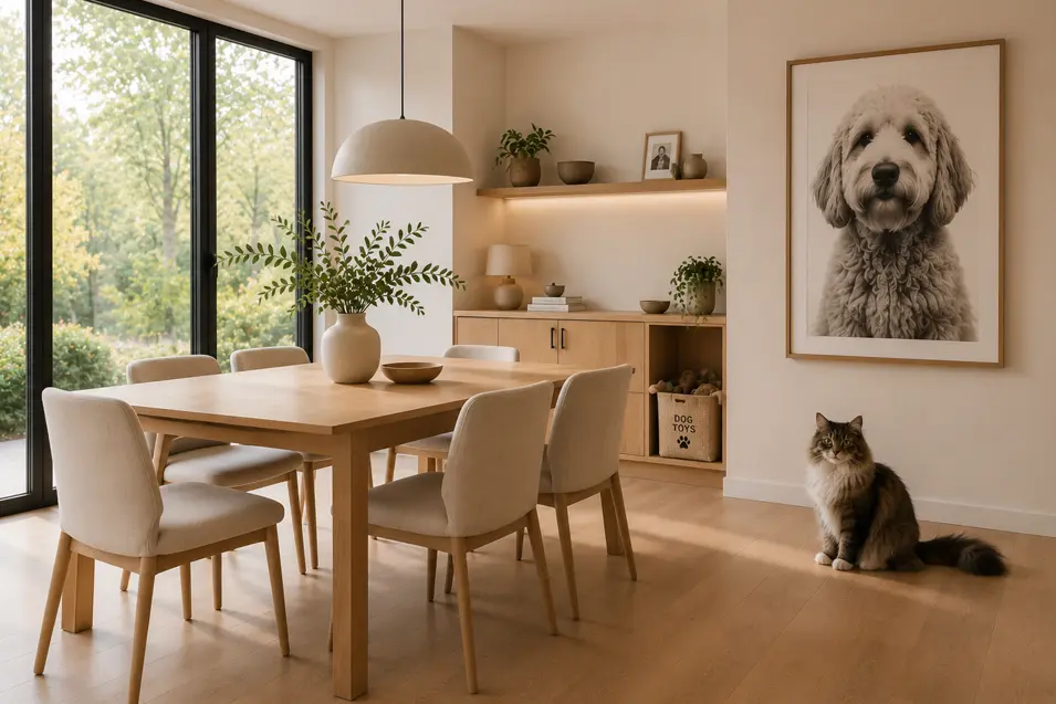 Scandinavian dining room with a natural wood table, soft neutral seating, large windows, pet storage cabinet, oversized pet portrait, and a Norwegian Forest Cat.