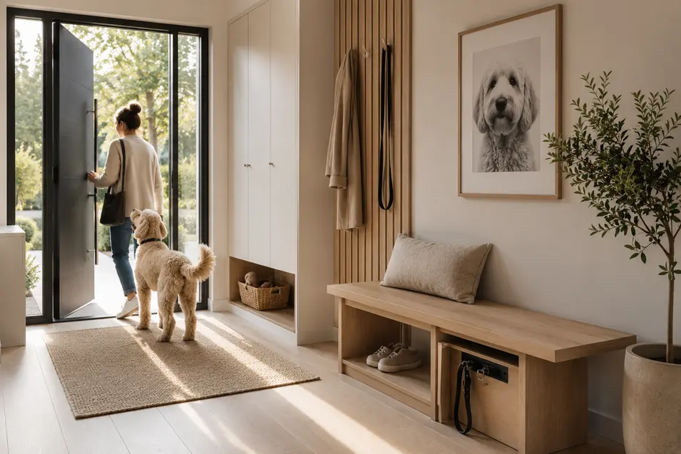 Scandinavian entryway with a woman and Labradoodle heading out, featuring a light oak bench, hidden leash storage, pet portrait, and natural light.