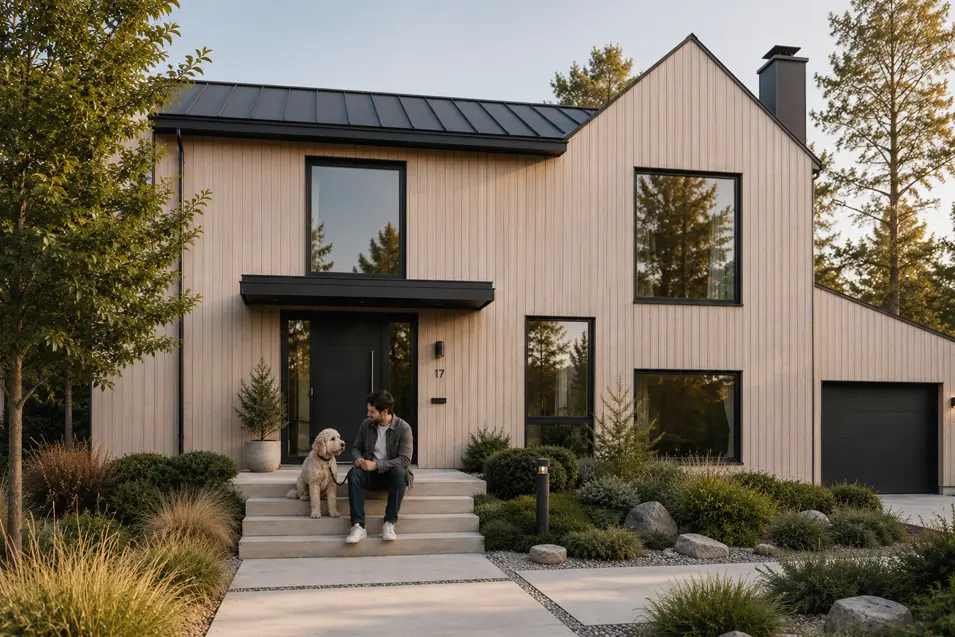 Scandinavian-style home exterior with a man and Labradoodle on the front steps, surrounded by minimalist landscaping and warm natural light.
