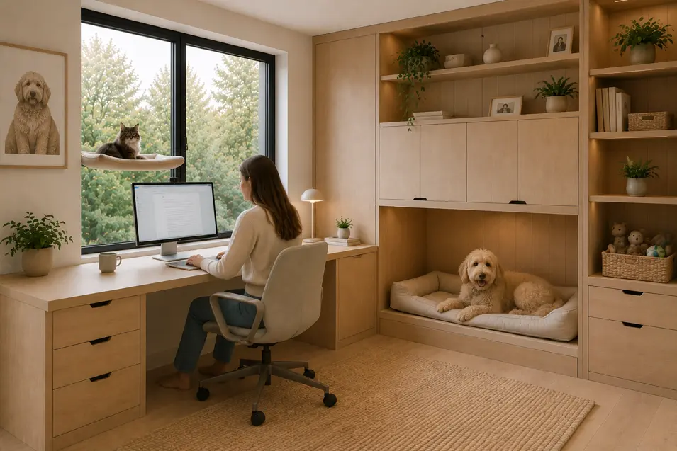 Scandinavian home office with a light wood desk, built-in dog bed, cat window perch, pet artwork, hidden toy storage, and a woman working at her computer.
