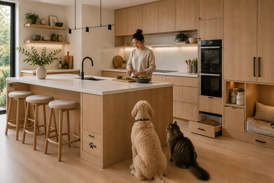 Scandinavian kitchen with oak cabinetry, quartz island, built-in pet features, and a woman cooking while her Labradoodle and Norwegian Forest Cat watch.