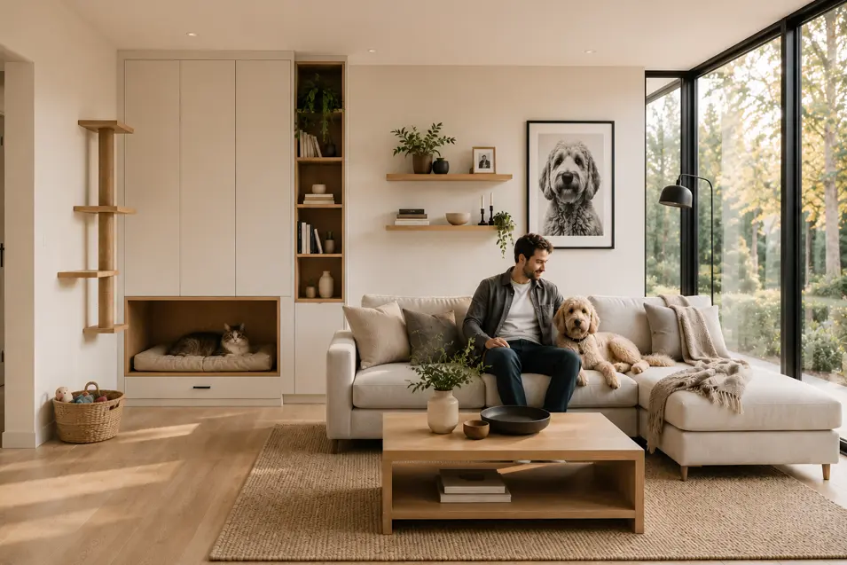 Scandinavian living room with floor-to-ceiling windows, light oak floors, built-in pet spaces, a man relaxing with his Labradoodle, and a cat in a cozy nook.