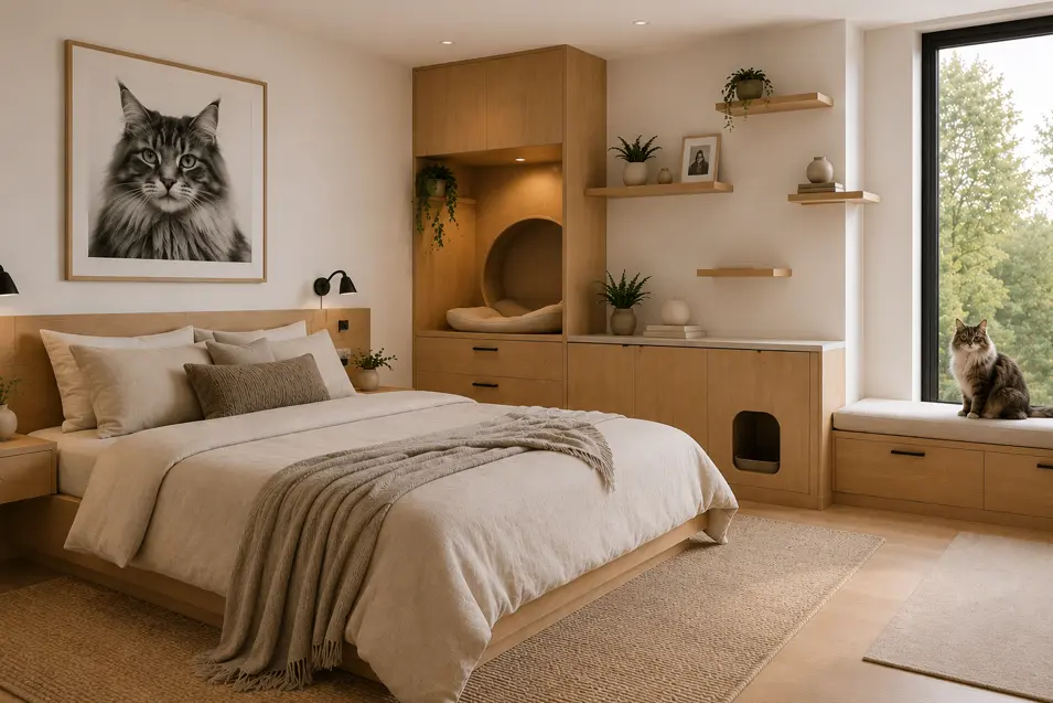Scandinavian bedroom with light wood furniture, linen bedding, built-in cat nook, window perch, floating shelves, and a Norwegian Forest Cat by the window.