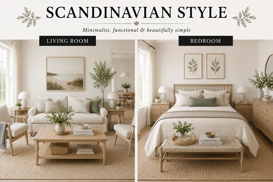 Scandinavian style interior showcase featuring a bright living room and bedroom with light wood furniture, soft neutrals, natural textures and minimalist comfort.