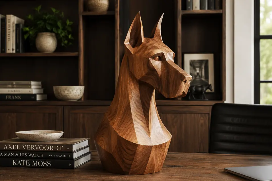 Abstract walnut Great Dane sculpture displayed on a desk in a sophisticated office, with dark wood shelving, books, and modern decor in the background.