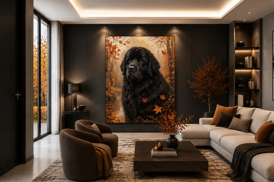 Modern luxury living room with dark paneled walls, cream sectional sofa, autumn accents, and a large portrait of a black Newfoundland dog above the fireplace wall.