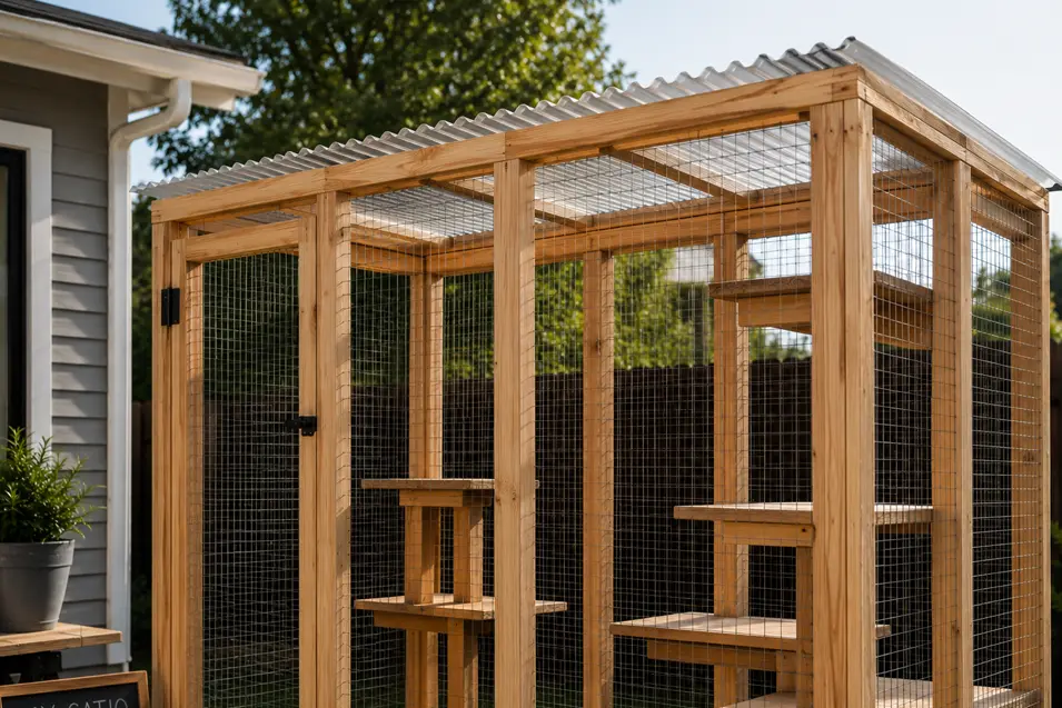 Finished DIY catio roof with wire mesh and weather-protection panels, covering a wooden enclosure with climbing shelves in a secure backyard setup.