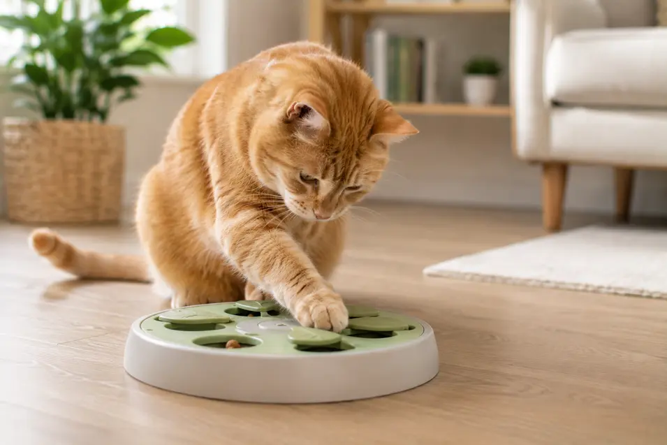 Older orange cat using an easy-access puzzle feeder, reaching for treats with a focused expression in a bright, comfortable indoor setting.