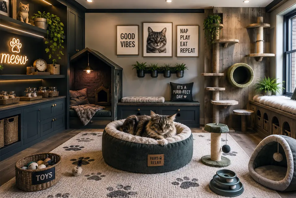 Dedicated cat room featuring a cat tree, sleeping area, toys, and enrichment spaces for indoor cats.