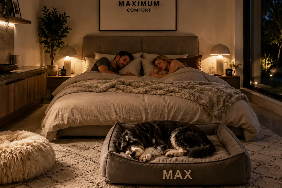 couple and dog sleeping in the master bedroom