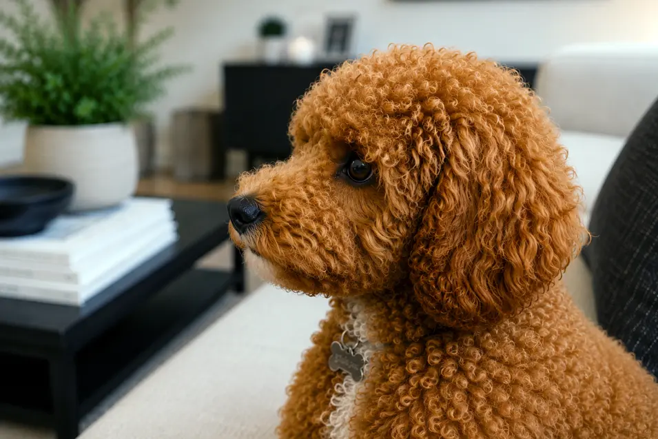Side-profile portrait of a curly-haired puppy on a modern sofa, bathed in warm natural light with soft focus and a cozy contemporary living room backdrop.