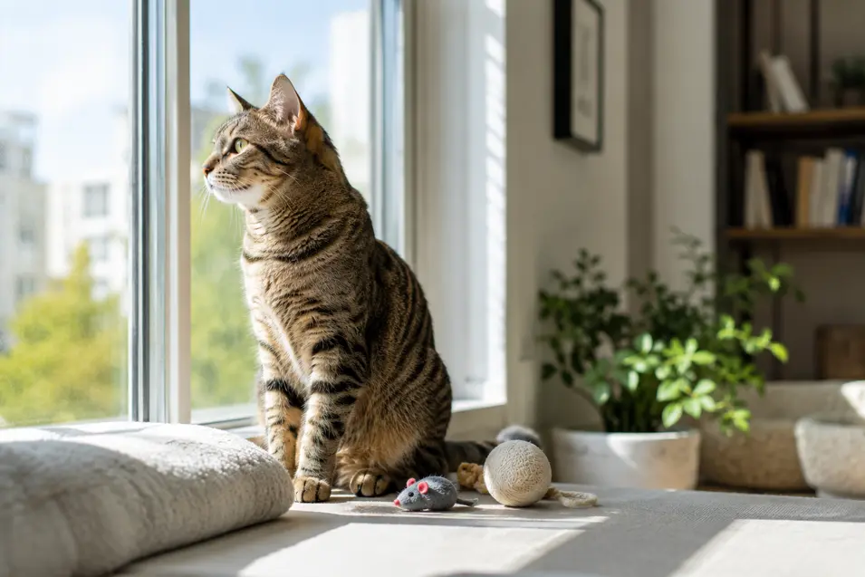 Alert tabby cat sitting by a sunny window, focused on the view outside while toys rest nearby in a bright, cozy home environment.