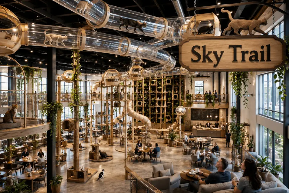 Transparent Sky Trail tunnels wind high above a bustling cat adventure park, where cats explore overhead while visitors relax below in a stylish café.