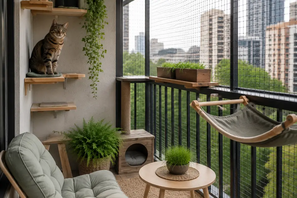 Compact balcony catio with mesh screening, wall shelves, a hammock, cat furniture, and plants, creating a secure outdoor retreat for a condo cat.