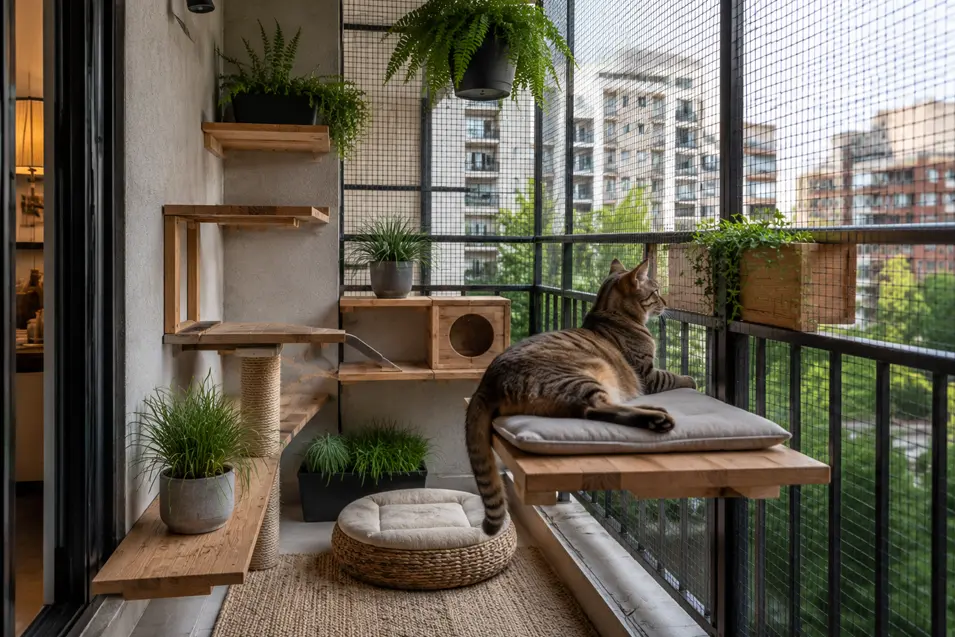 Cat relaxing on a cushioned perch in a secure balcony catio with mesh screening, wall-mounted shelves, and cat-safe plants overlooking the city.