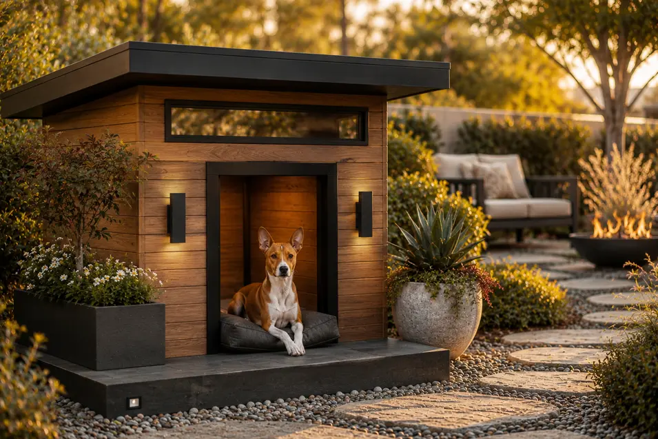 Contemporary designer dog house with warm cedar, sleek black accents, clean lines, and a Basenji relaxing in a luxury landscaped backyard.
