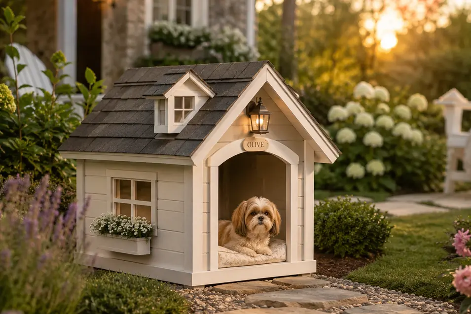 A charming cozy cottage-style luxury dog house with cedar siding, window boxes, a dormer roof, and warm lantern lighting, nestled among lush gardens with a happy small dog relaxing inside.