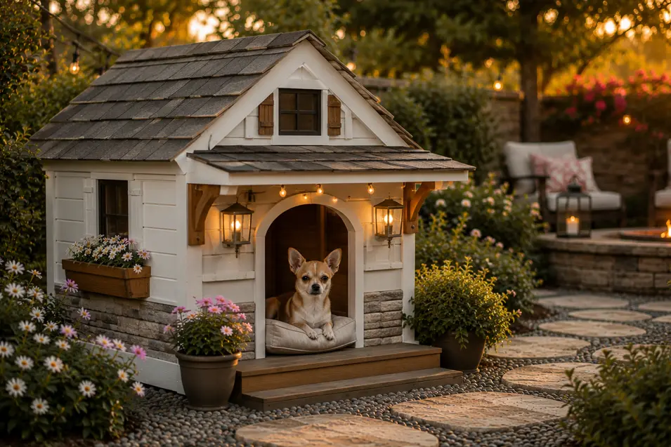 Dream Backyard Cottage dog house with charming cottage details, flower boxes, cozy porch, and a tiny Chihuahua in a beautifully landscaped backyard.