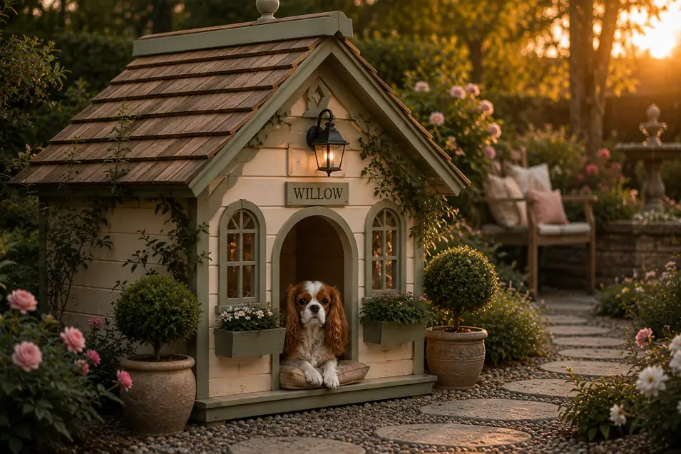 Charming English garden dog house with cedar shingles, climbing vines, flower boxes, and cottage details, nestled among blooming roses and lush landscaping.
