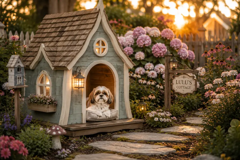 Whimsical fairy tale cottage dog house with curved rooflines, flower boxes, glowing lanterns, and storybook charm, surrounded by lush cottage gardens.