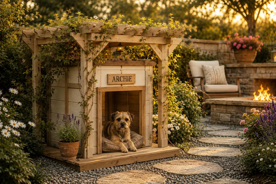 Garden pergola retreat dog house with cedar beams, climbing vines, and a cozy Border Terrier relaxing beneath a flower-covered pergola.