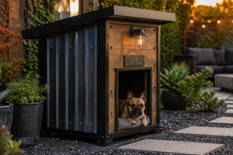 Luxury industrial small dog house with steel panels, warm cedar accents, and modern lines, nestled in a stylish landscaped backyard with a cozy French Bulldog inside.
