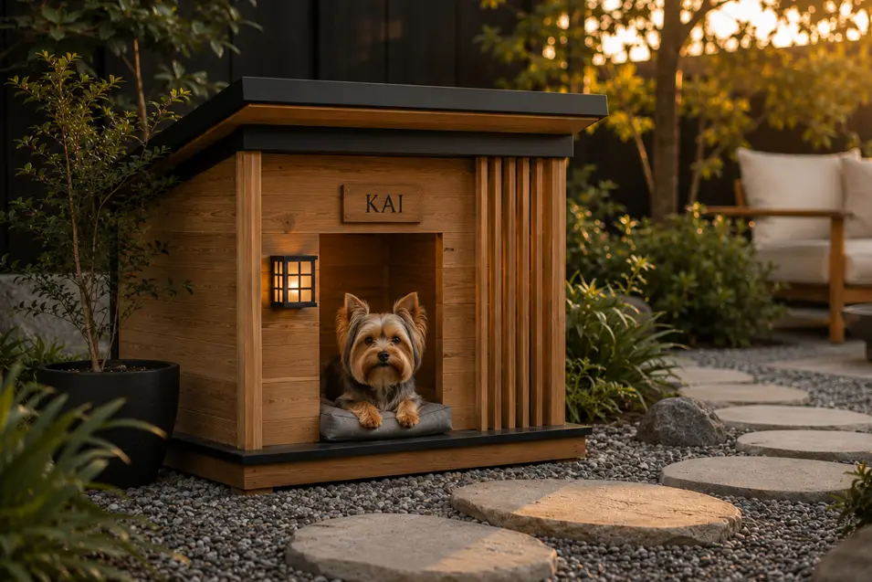 Japandi-inspired small dog house with warm cedar, minimalist lines, black accents, and Zen-inspired details, set in a tranquil landscaped garden.