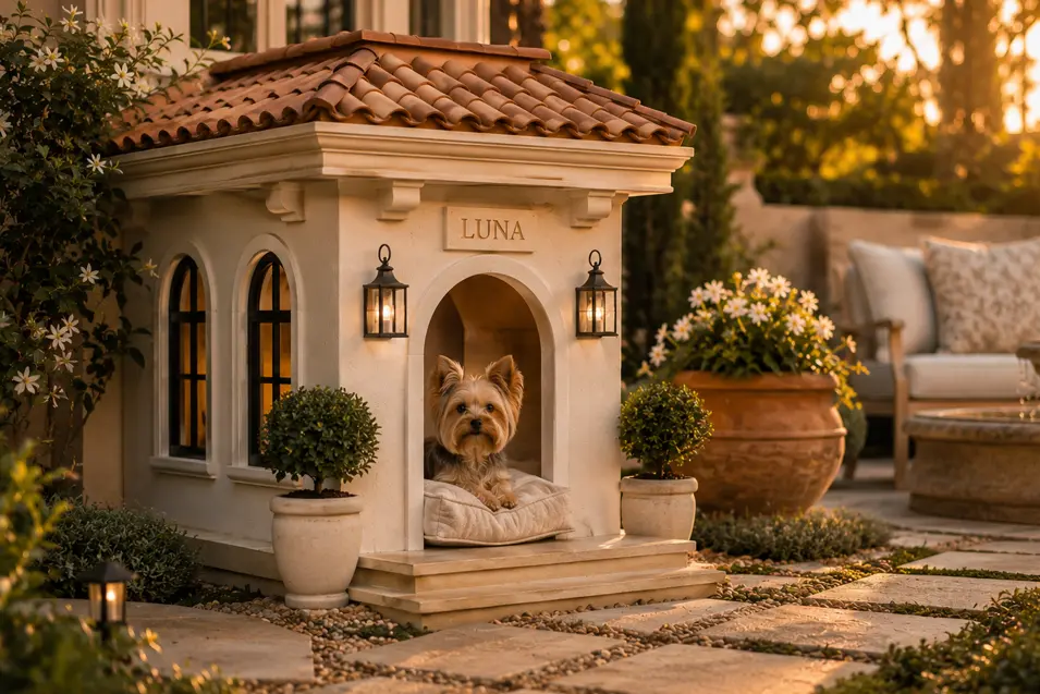 Luxury mini villa dog house with stucco walls, terracotta roof, arched entry, and elegant landscaping, creating a resort-inspired retreat for small dogs.