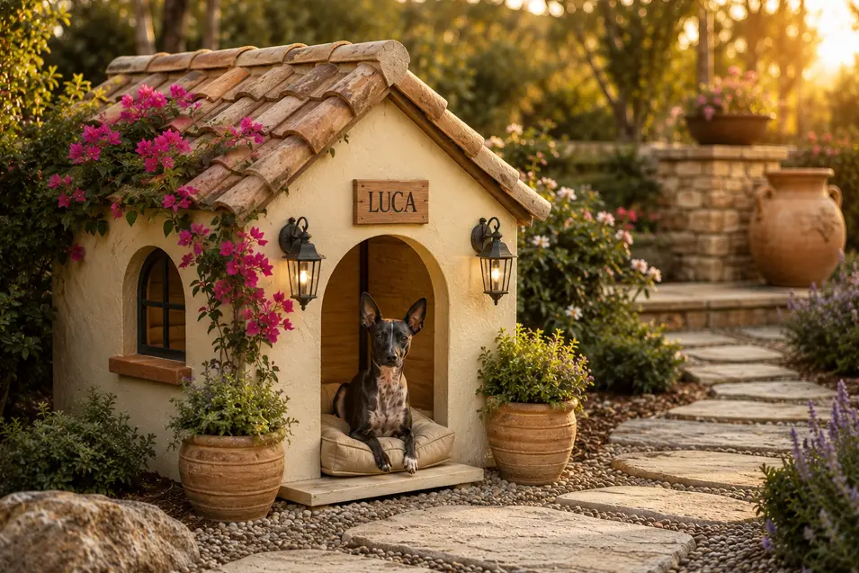 Small Mediterranean retreat dog house with warm stucco walls, terracotta roof tiles, arched entry, and flowering vines, set in a sun-drenched landscaped garden.