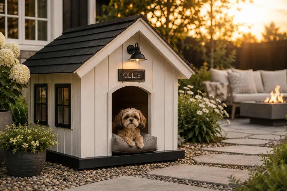 Modern farmhouse small dog house with crisp white board-and-batten siding, black accents, cedar details, and a cozy porch in a beautifully landscaped backyard.