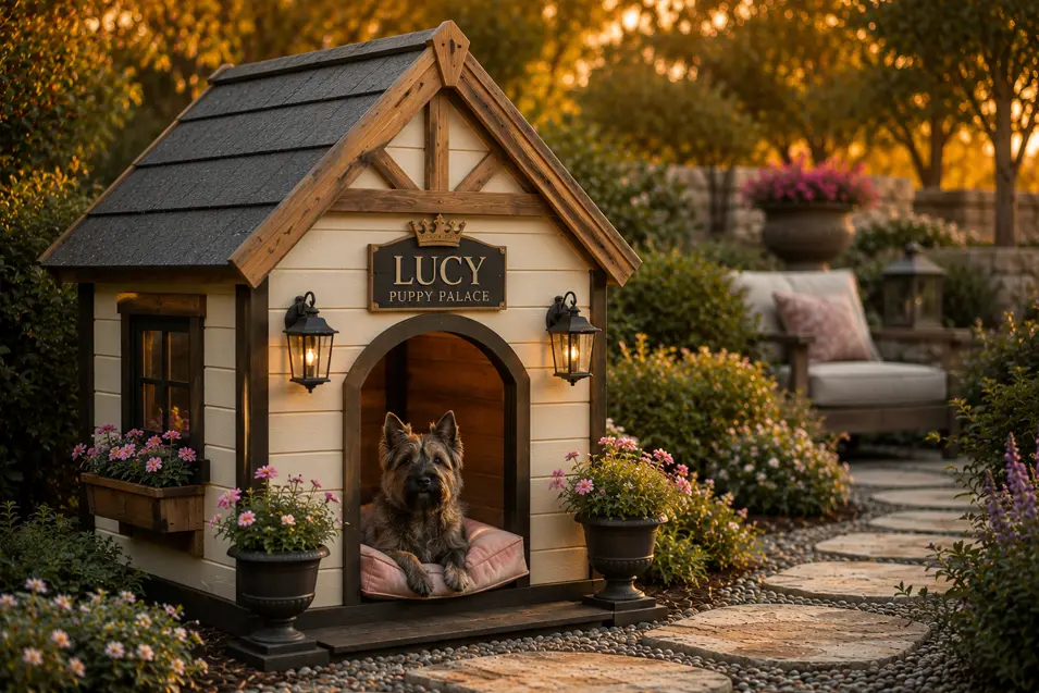 Personalized Puppy Palace with cedar accents, custom name plaque, flower boxes, and a cozy Cairn Terrier, creating a luxury backyard retreat.
