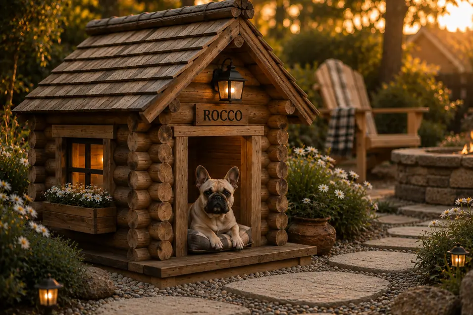 Rustic log cabin small dog house crafted from natural logs with cedar shingles, a glowing lantern, and cozy cabin charm in a beautifully landscaped backyard.