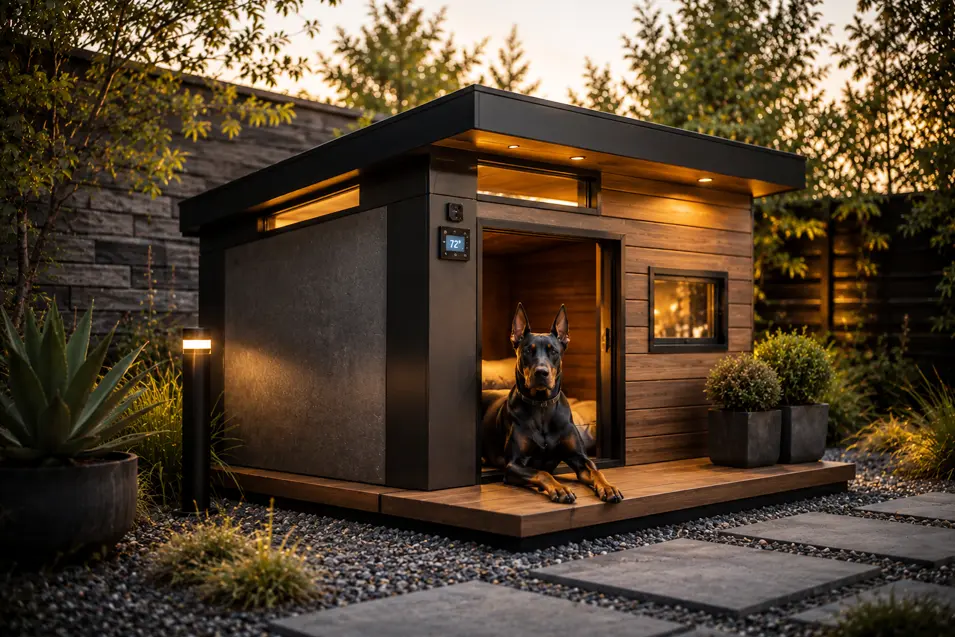 Luxury smart modern dog house with sleek black cladding, warm wood accents, climate controls, and a cozy deck, featuring a regal Doberman at golden hour.