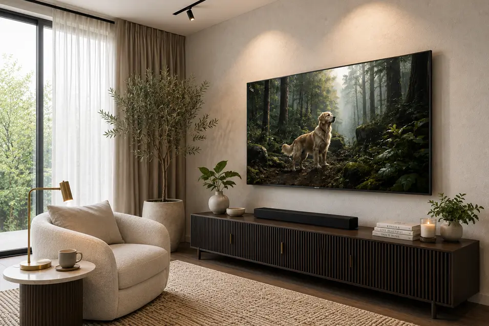 Modern minimalist living room with a framed TV displaying digital forest dog art, sleek slatted console, sculptural chair, textured rug, soft curtains, and warm natural light.