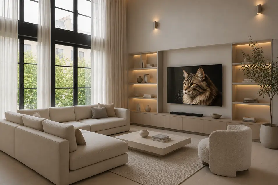 Minimalist double-height living room with sculptural cream furnishings, warm oak flooring, soft ambient lighting, and a Maine Coon digital artwork displayed on the TV.