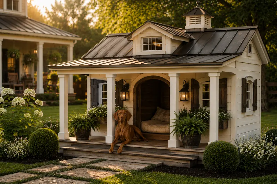 Charming farmhouse dog house with a graceful Vizsla, inviting front porch, classic white siding, cozy lanterns, and timeless country elegance.