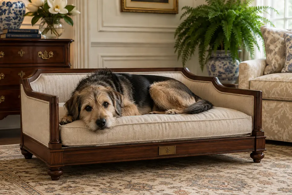 A handcrafted Southern Traditional dog bed with rich wood, elegant upholstery, and a relaxed mixed-breed dog in a warm, timeless Southern-inspired living room.