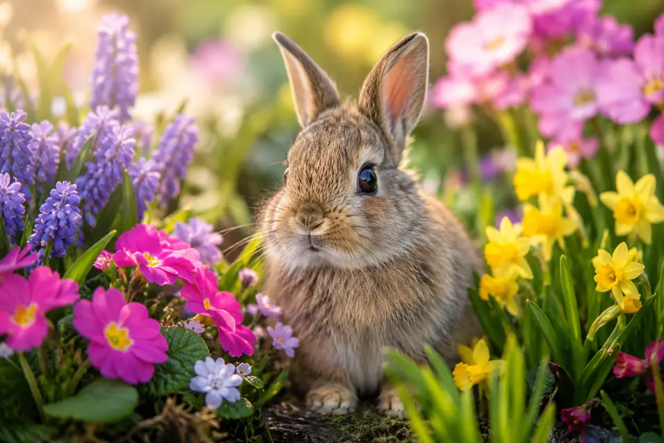 A fluffy baby bunny sits among colorful spring flowers, bathed in soft morning light with vibrant blooms and a dreamy natural background.