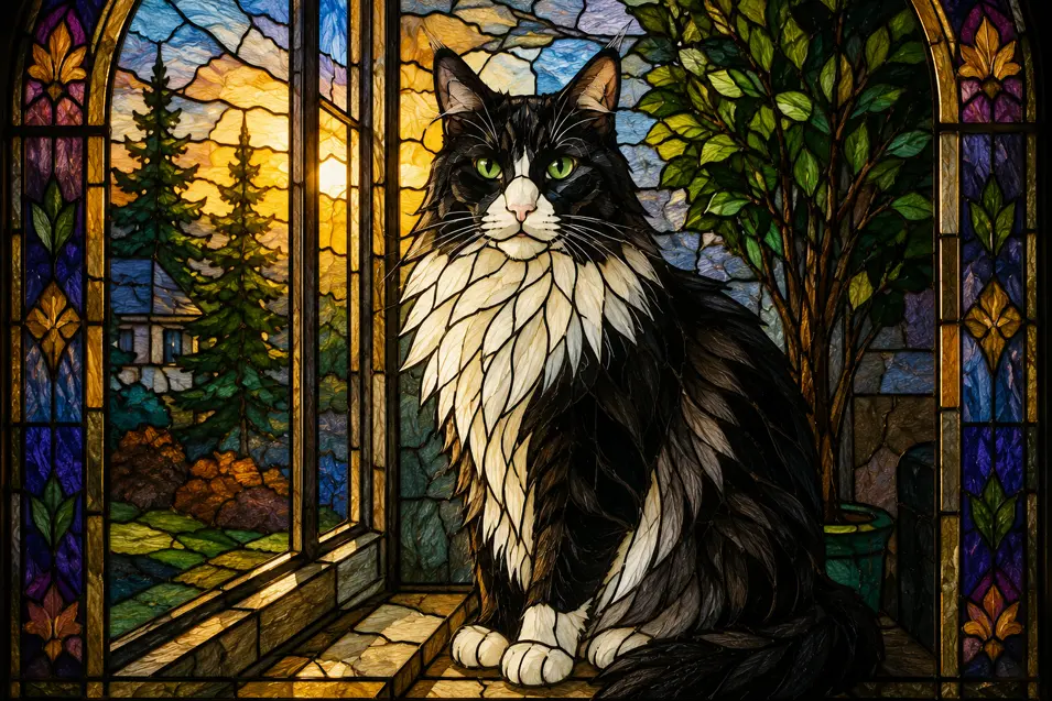 Intricate stained glass portrait of a majestic black-and-white cat, glowing with vibrant jewel tones, bold lead lines, and cathedral-style craftsmanship.